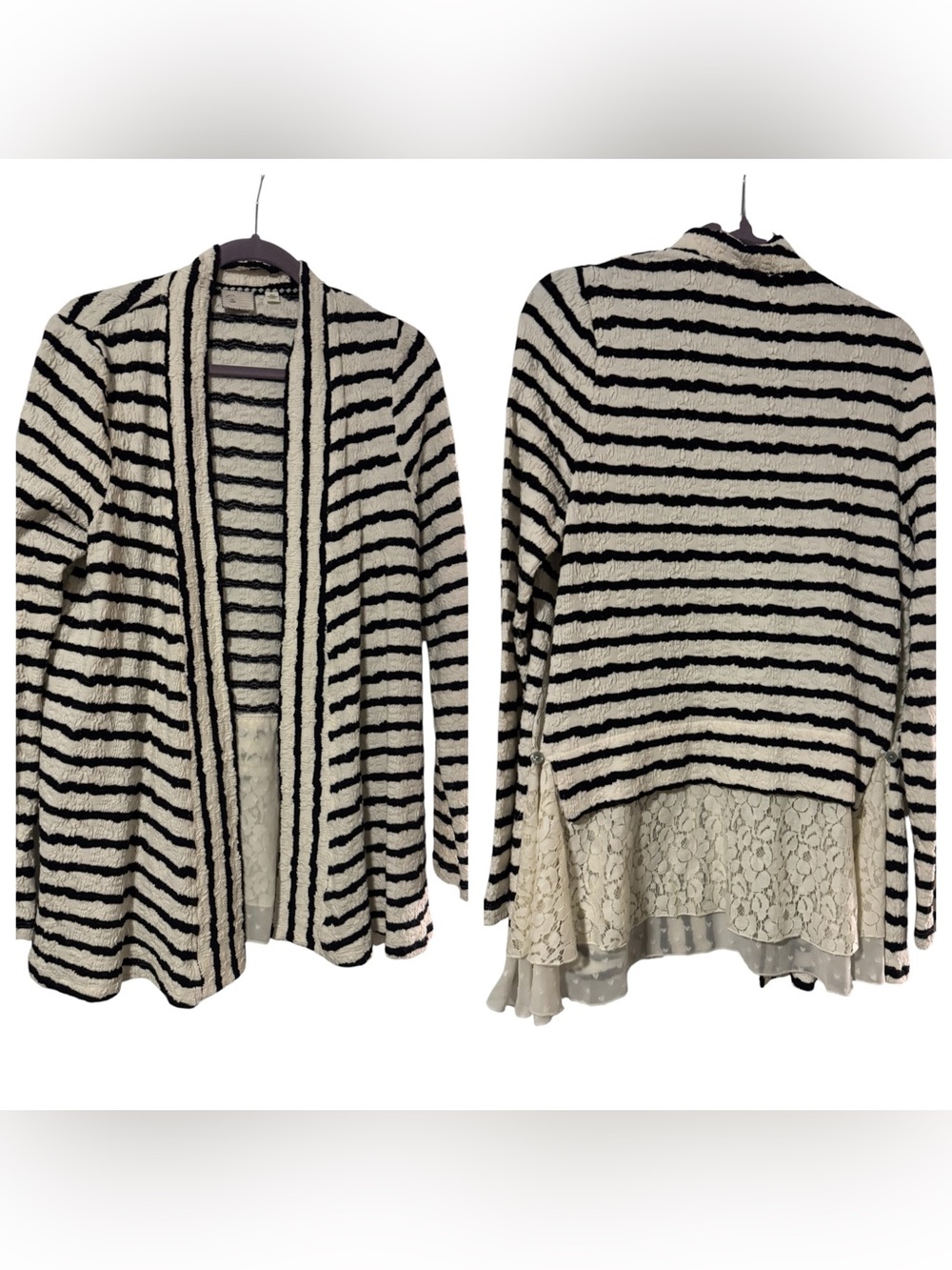 Anthropologie Striped Black White Open-Front Minimalist Lace Hem Cardigan | L
